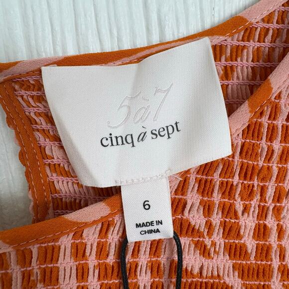 Cinq a Sept Billowed Sleeve Rika Dress Size 6 Orange Pink Smocked Boatneck NWT - Picture 8 of 14